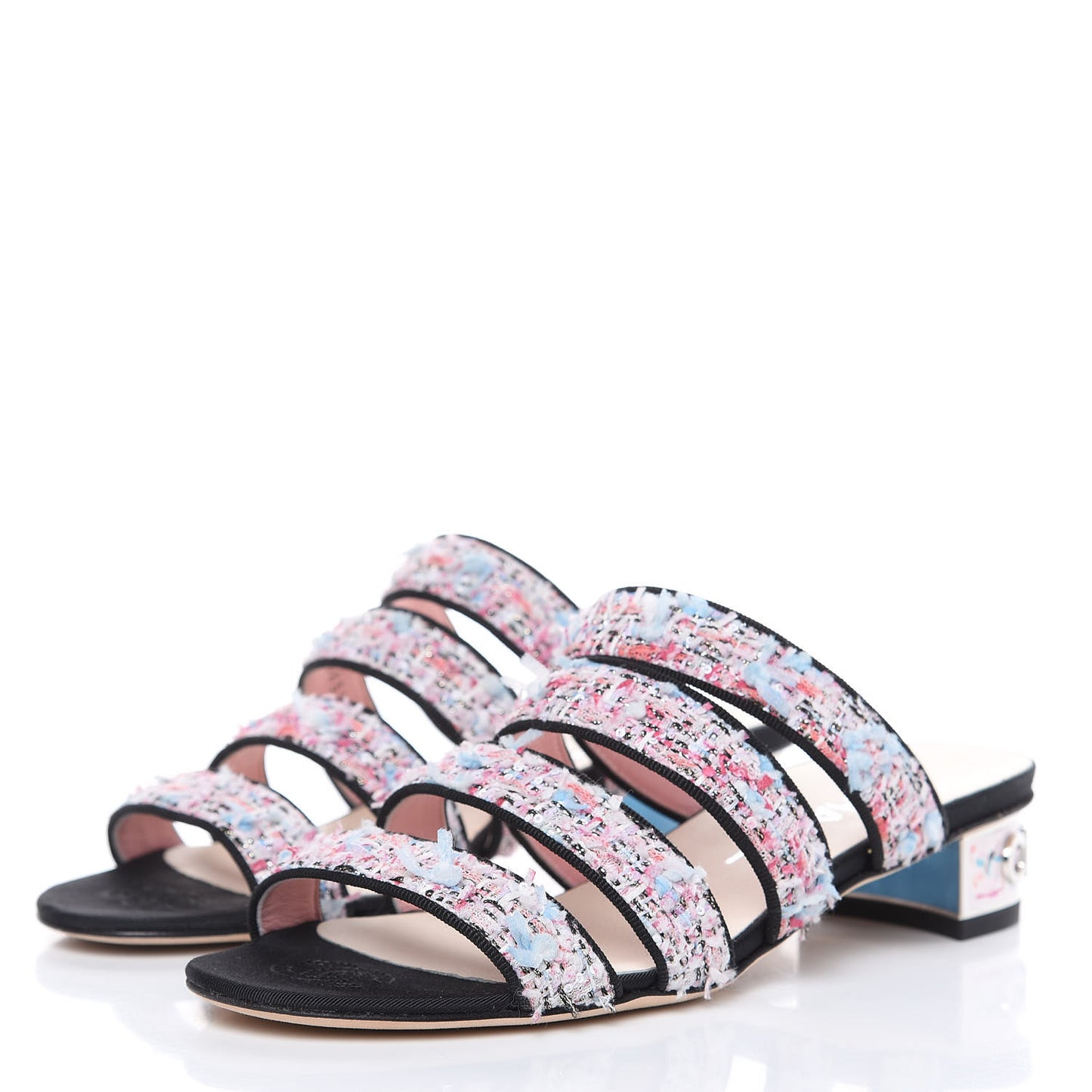 Tweed Grosgrain Sandals 35.5 Black Blue Pink