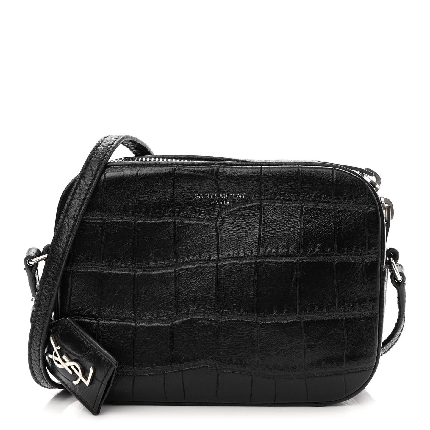 Calfskin Crocodile Embossed Small Classic Monogram Camera Bag Black