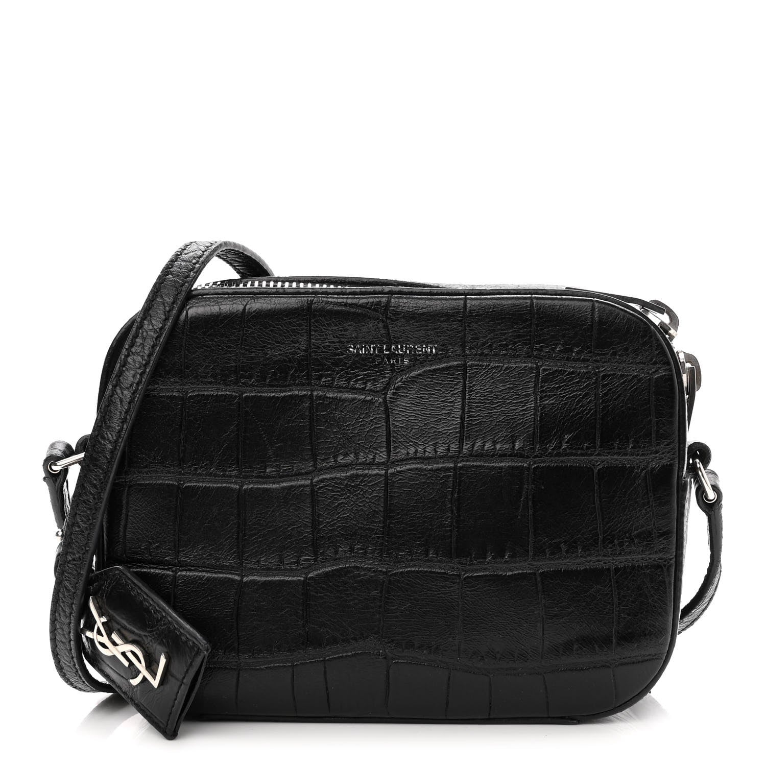 Saint Laurent Calfskin Crocodile Embossed Small Classic Monogram Camera Bag Black 1 of 11