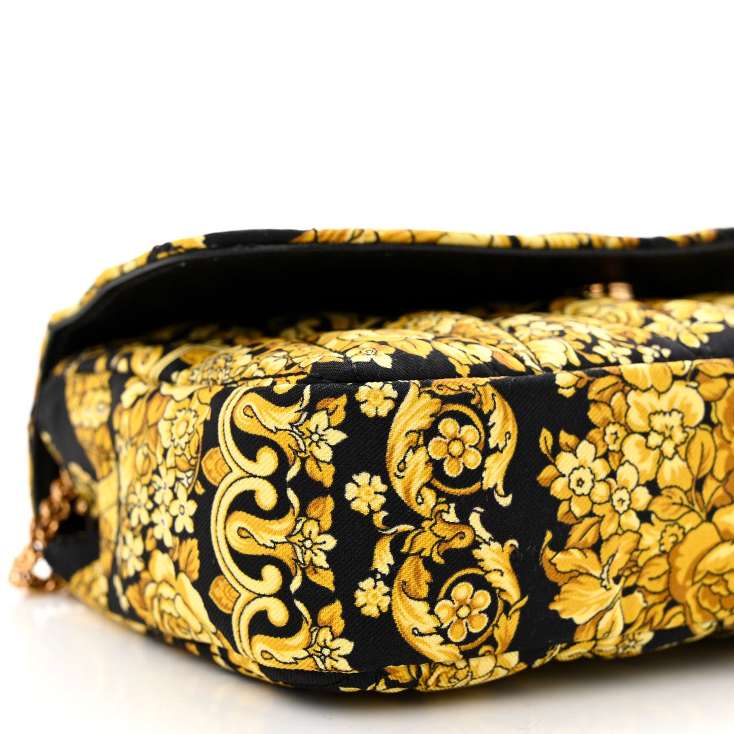 Silk Barocco Printed Quilted Virtus V Mini Chain Flap Shoulder Bag Black Gold