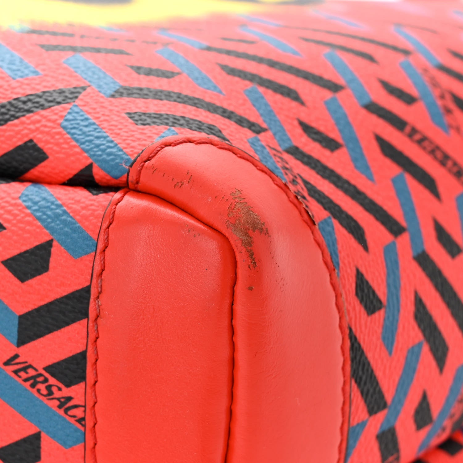 Versace Coated Canvas Calfskin La Greca Signature Shopper Tote Bag Blue Red 12 of 13