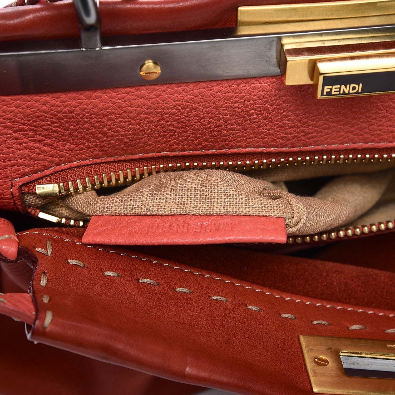 Fendi Vitello Saddle Cuoio Romano Selleria Medium Peekaboo Iconic Satchel Sienna Melon Moro 9 of 16