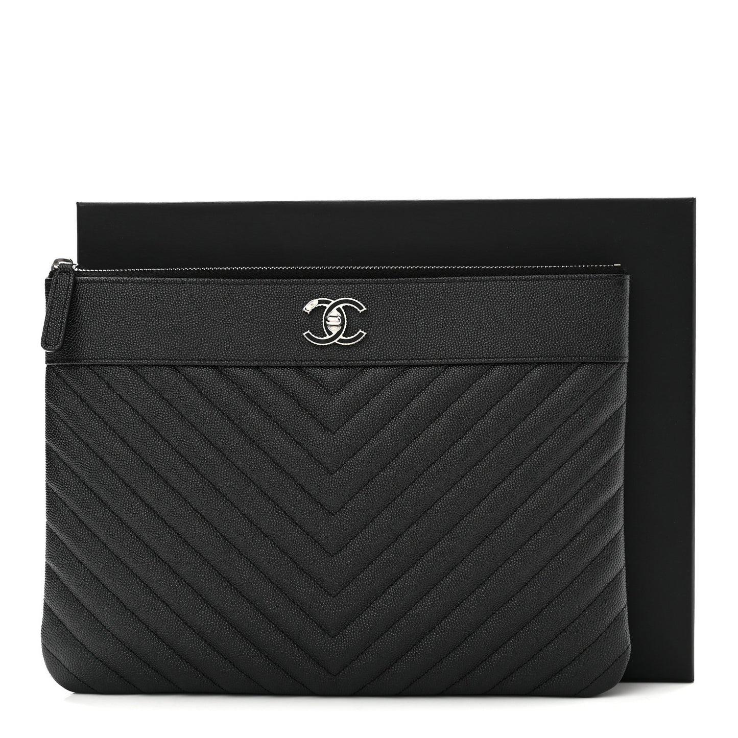 Metallic Caviar Chevron Quilted Vintage Mademoiselle Large Zip Pouch Charcoal