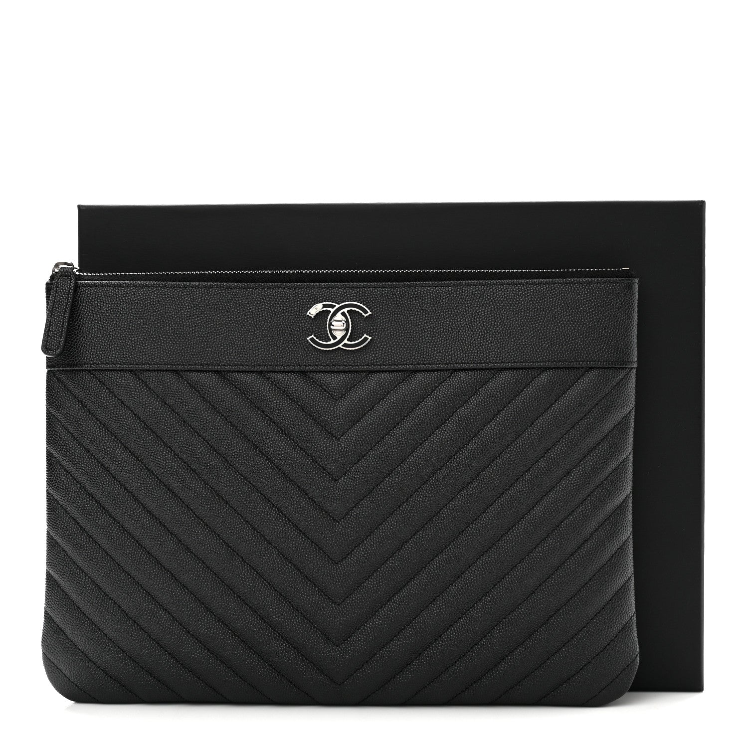 Chanel Metallic Caviar Chevron Quilted Vintage Mademoiselle Large Zip Pouch Charcoal 8 of 8