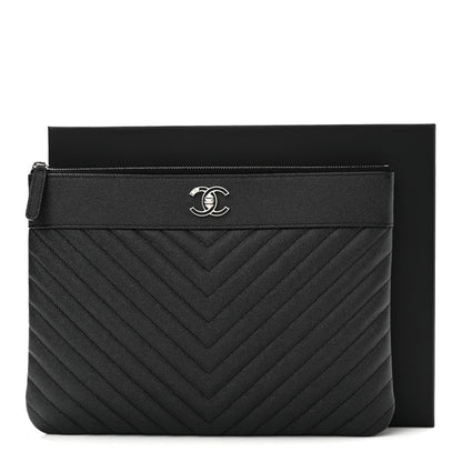 Chanel Metallic Caviar Chevron Quilted Vintage Mademoiselle Large Zip Pouch Charcoal 8 of 8