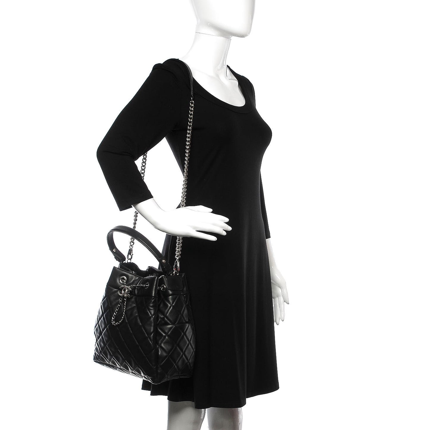 Lambskin Quilted CC Chain Drawstring Tote Black