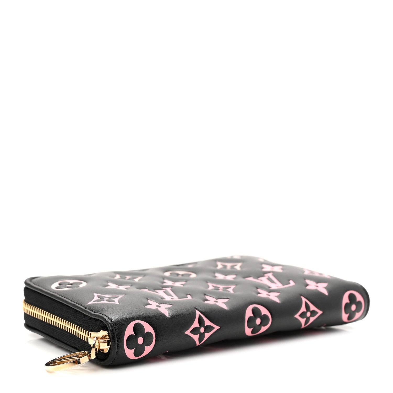 Louis Vuitton Lambskin Embossed Monogram LV Ski Coussin Zippy Wallet Black Pink 4 of 7