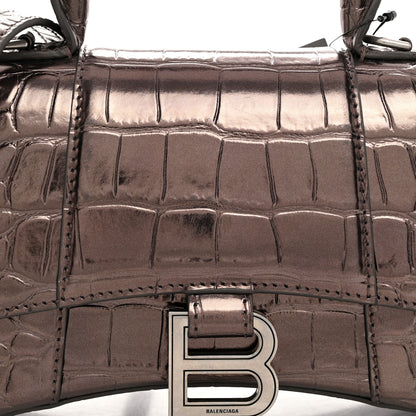 Balenciaga Metallic Shiny Calfskin Crocodile Embossed Hourglass Top Handle Bag XS Dark Bronze 9 of 11