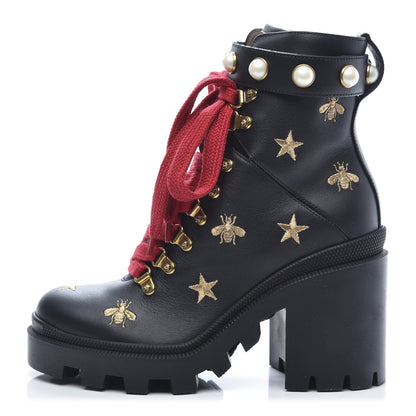 Gucci Calfskin Embroidered Lace Up Combat Ankle Boots 36 Black 1 of 9