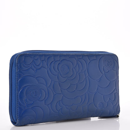 Chanel Lambskin Camellia Embossed Large Gusset Zip Around Wallet Blue 3 of 8
