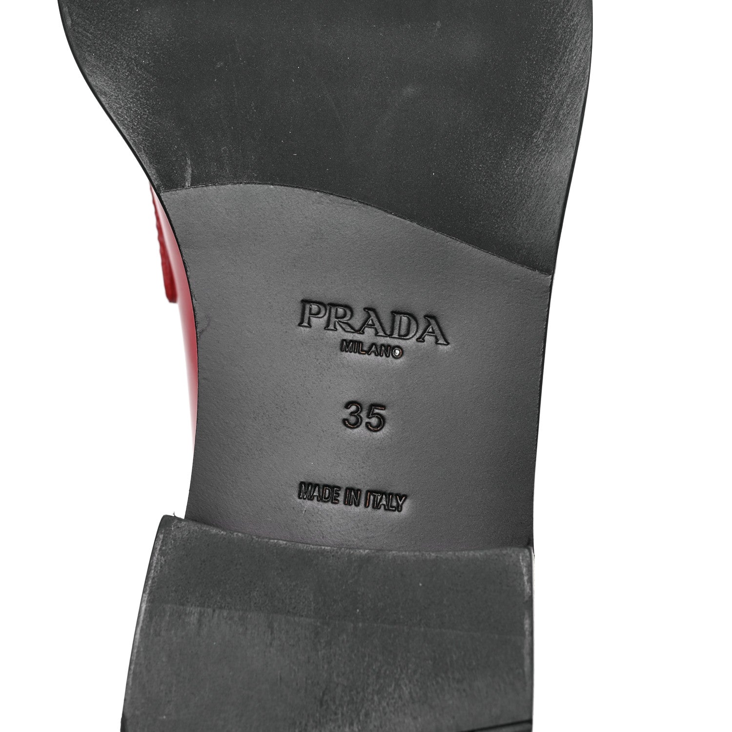 Prada Brushed Calfskin Metal Triangle Logo 20mm Loafers 35 Scarlatto 6 of 7