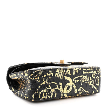 Chanel Calfskin Crocodile Embossed Graffiti 2.55 Cocodile Reissue 225 Flap Black Gold 4 of 12
