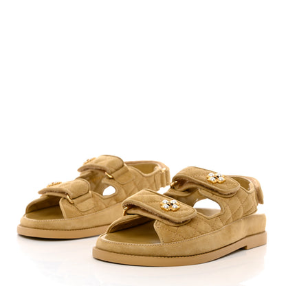 Chanel Suede Calfskin Pearl Velcro Dad Sandals 35 Beige 3 of 9