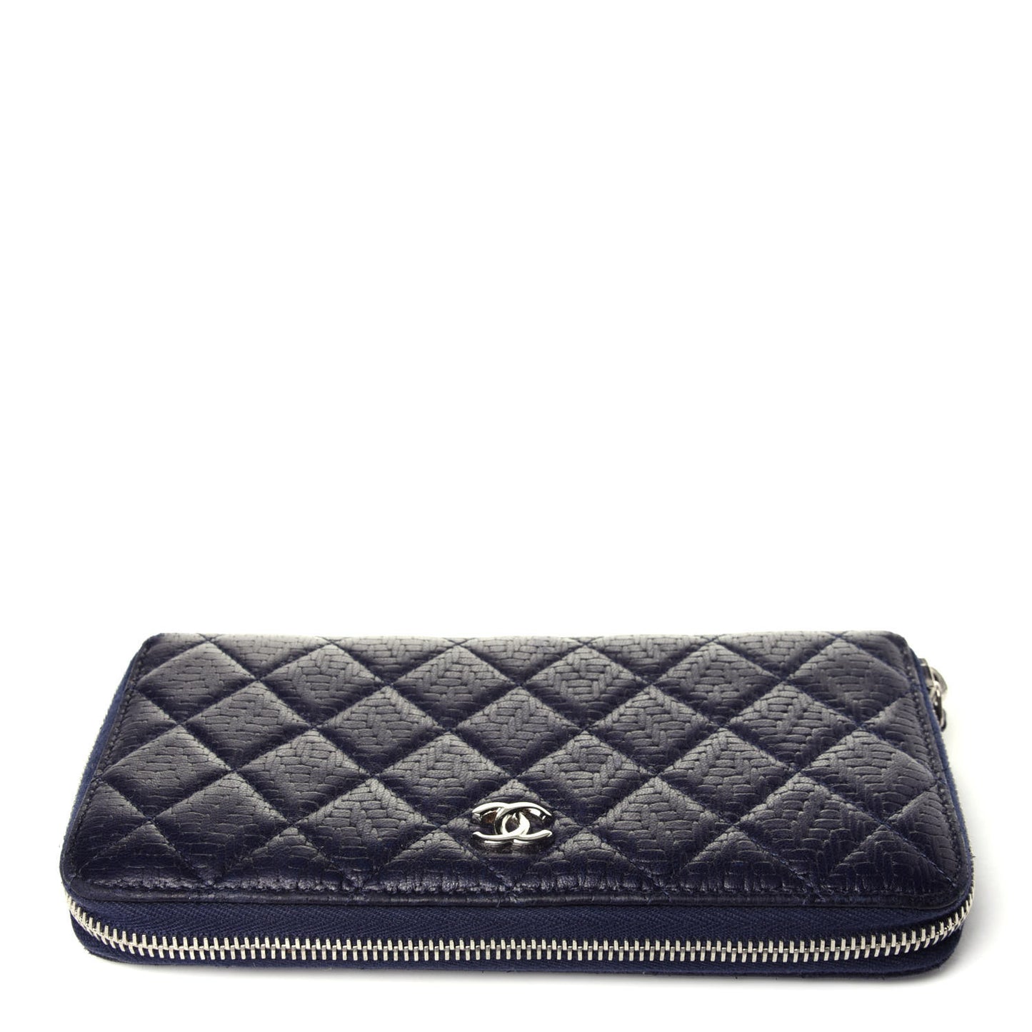 Woven Lambskin Quilted Large Zip Around Wallet Navy