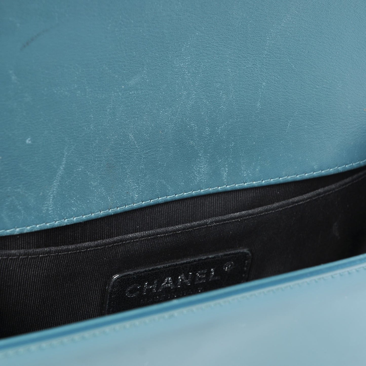 Patent Calfskin Small Boy Flap Plexiglass Turquoise