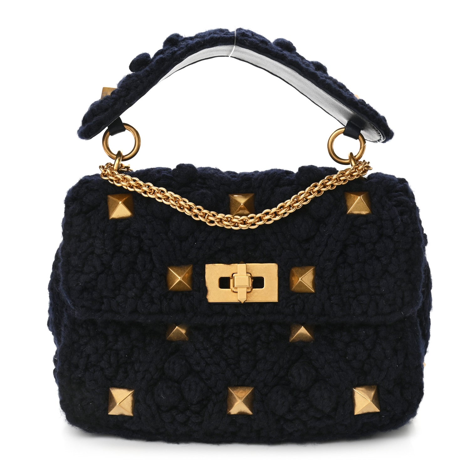 Valentino Garavani Cashmere Medium Roman Stud Shoulder Bag Marine 1 of 9