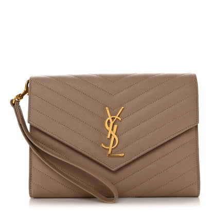 Saint Laurent Grain De Poudre Matelasse Chevron Monogram Envelope Clutch Dark Beige 1 of 8