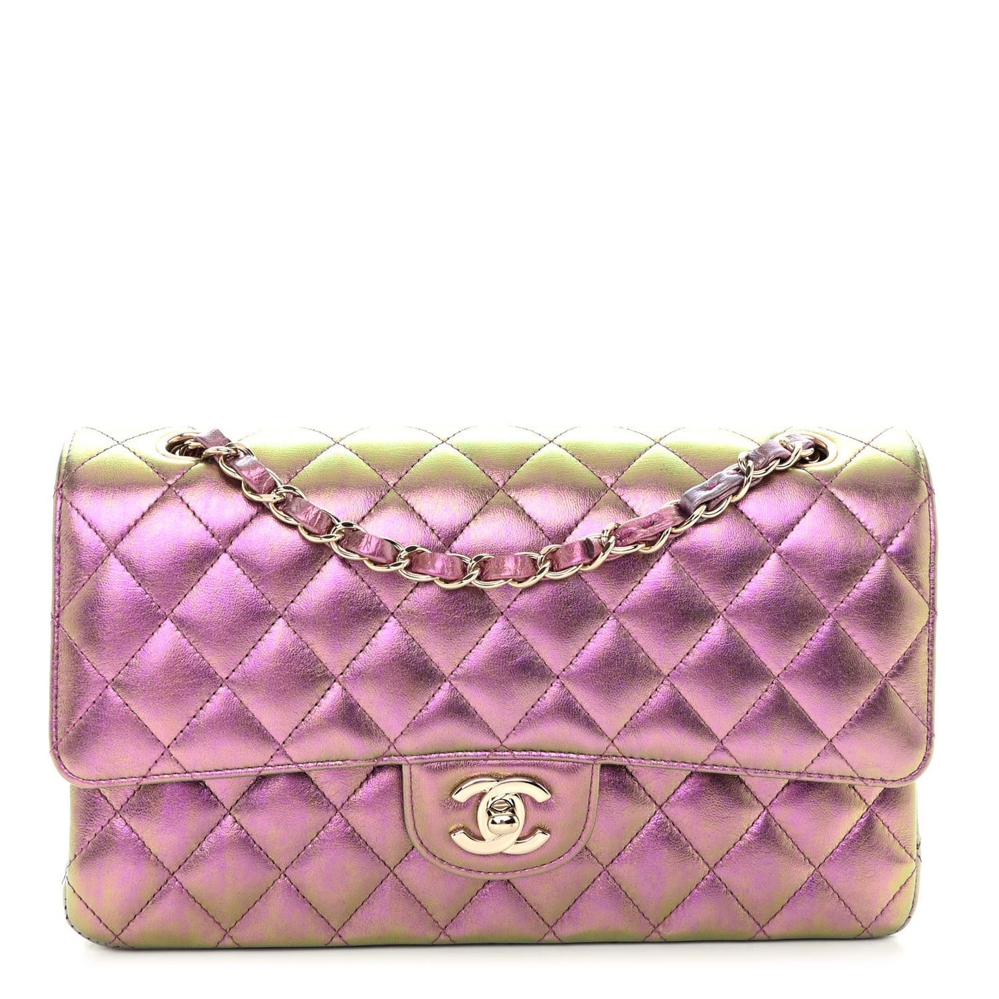 Iridescent Lambskin Quilted Medium Double Flap Purple
