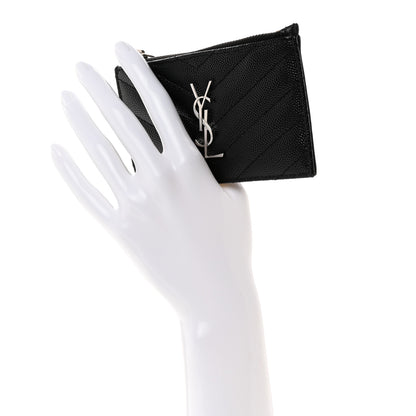 Saint Laurent Grain De Poudre Matelasse Chevron Monogram Fragments Zippered Card Case Black 2 of 8