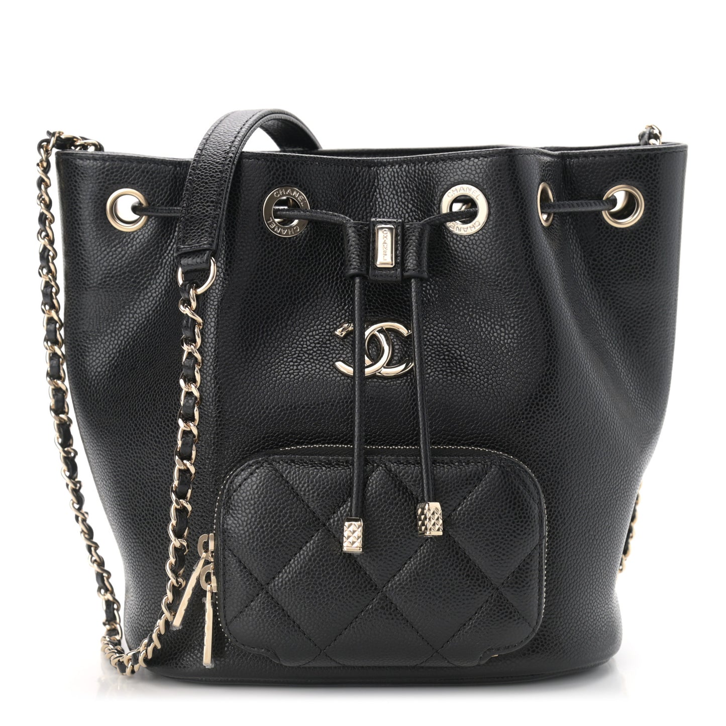 Caviar Quilted CC Pocket Bucket Bag Black