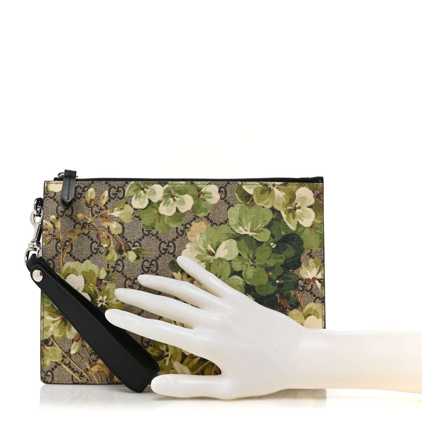 GG Supreme Monogram Blooms Small Zip Wristlet Pouch Beige New Military Black