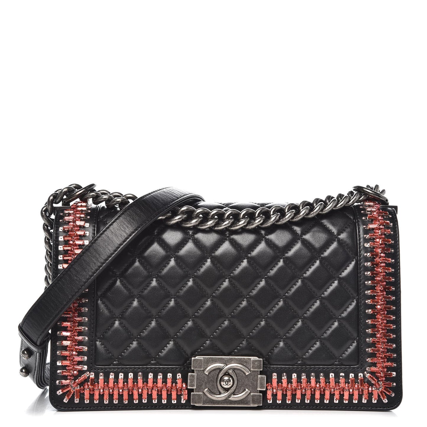 Lambskin Embellished Medium Boy Flap Black