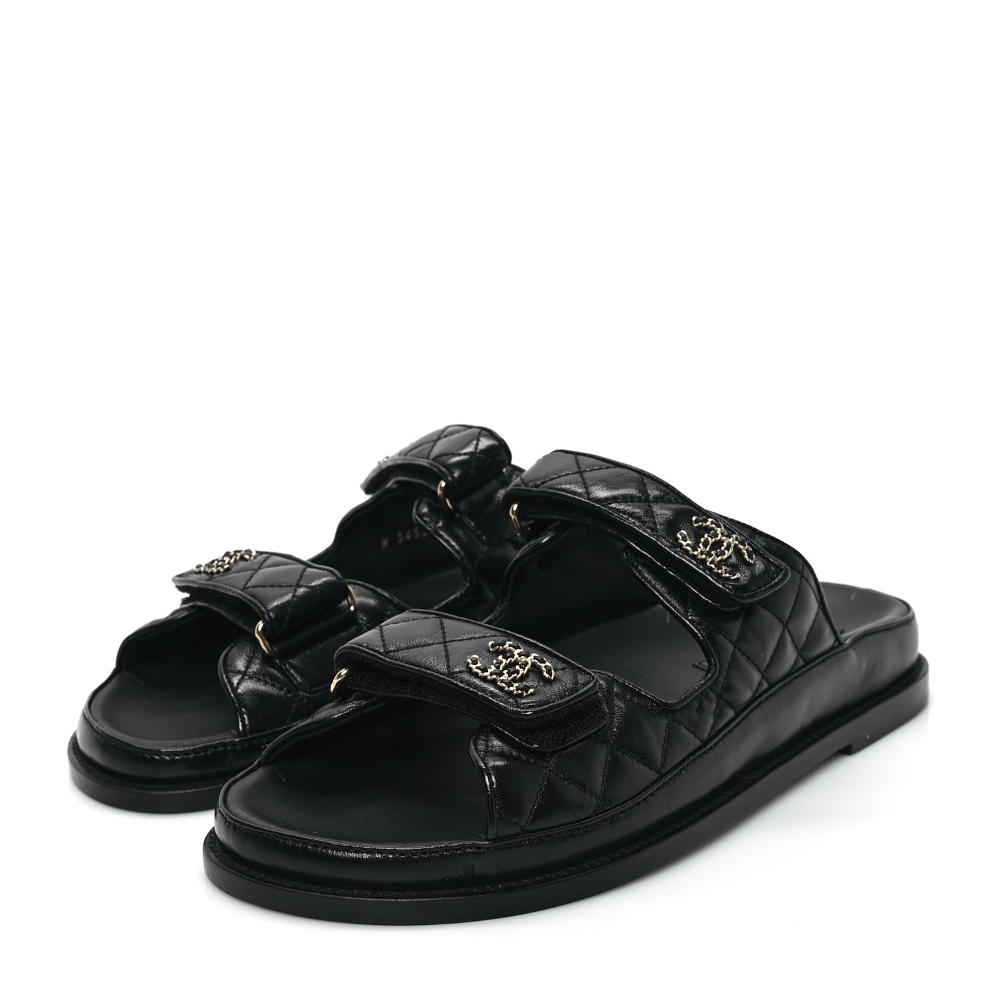 Lambskin Quilted Velcro Dad Chain CC Slide Sandals 41 Black
