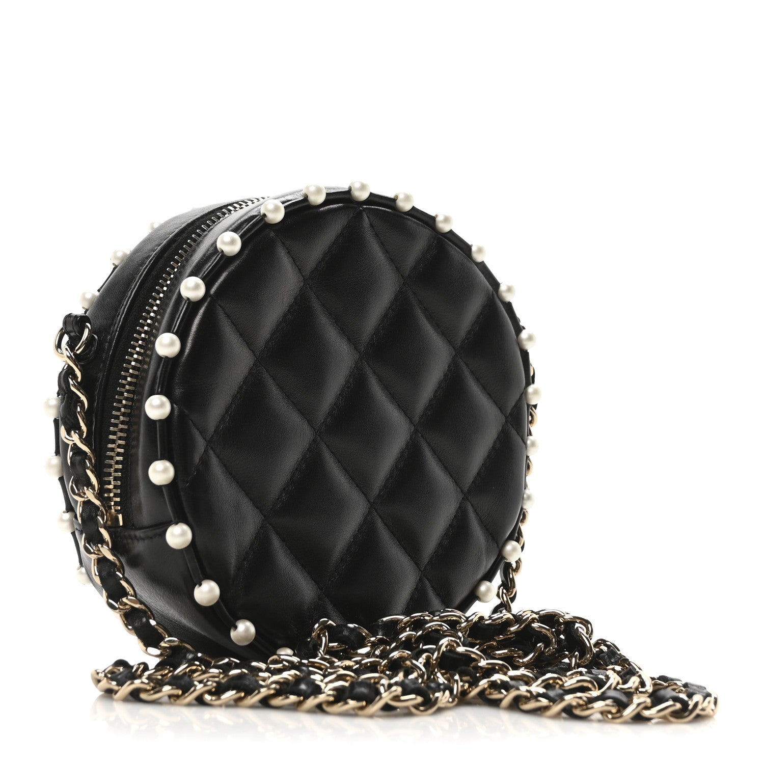 Chanel Calfskin Quilted Pearl Round Clutch With Chain Black 2 of 9