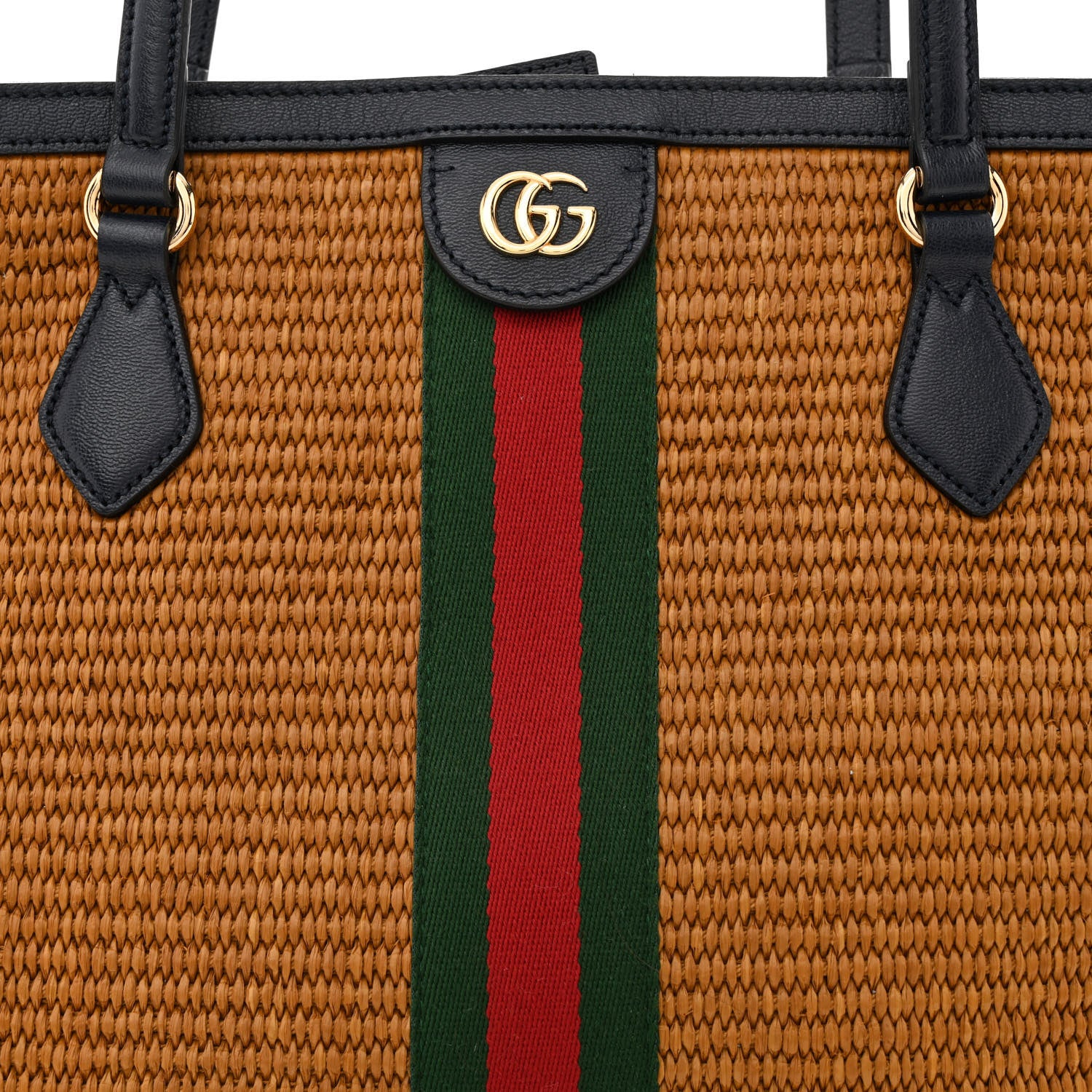 Gucci Straw Lux Calfskin Web Medium Ophidia Shopping Tote Dark Natural Blue 8 of 11