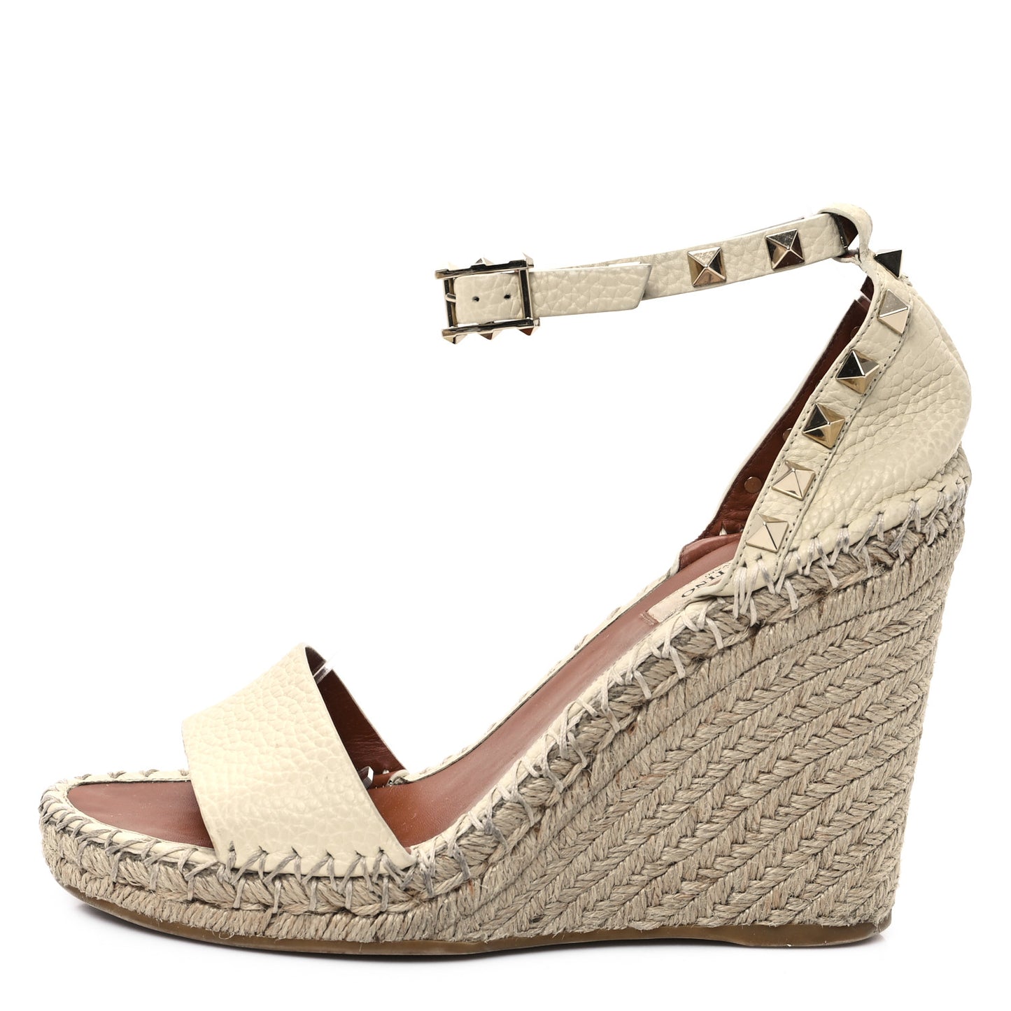 Grained Calfskin Rockstud Ankle Strap Espadrille Wedge Sandals 36 Light Ivory