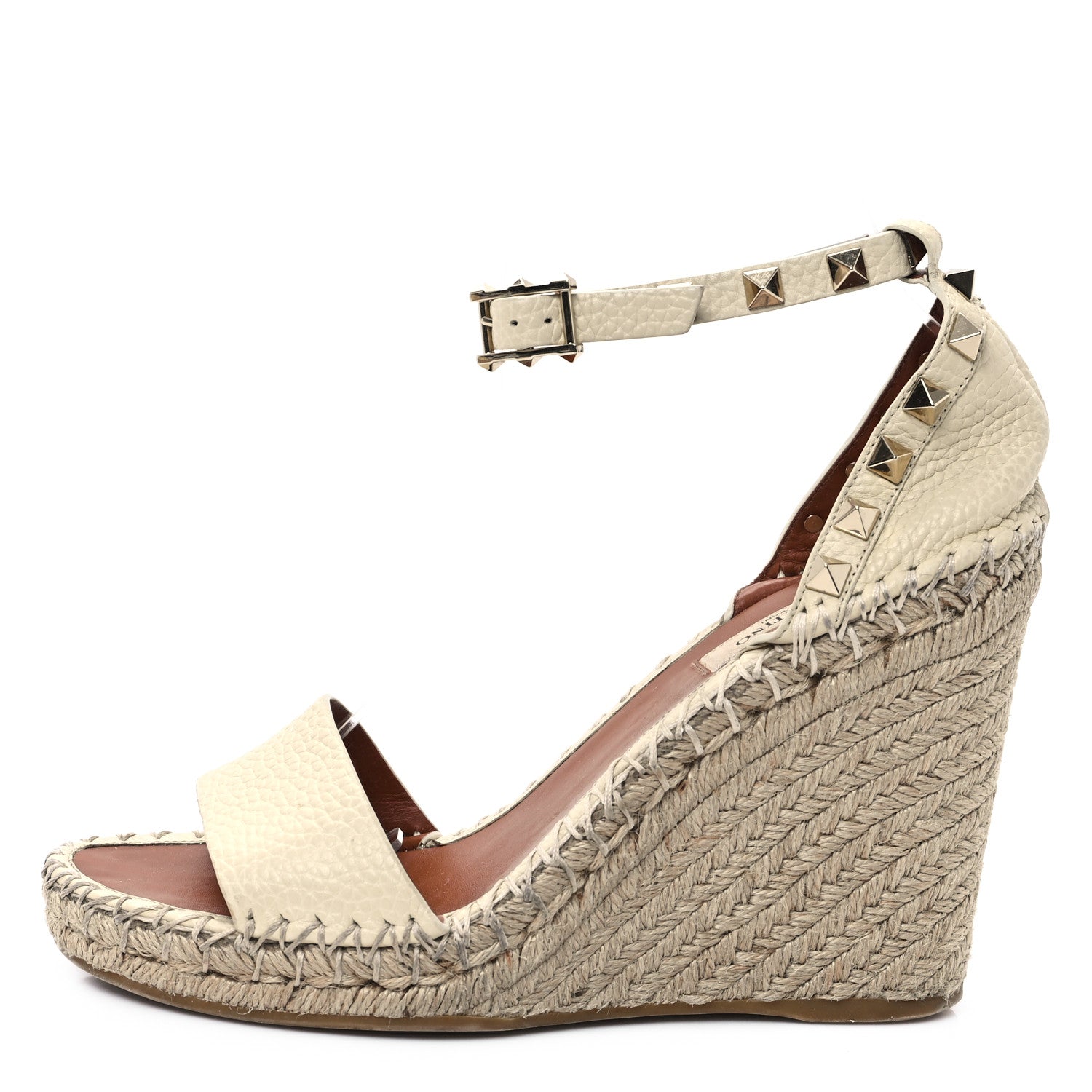 Valentino Garavani Grained Calfskin Rockstud Ankle Strap Espadrille Wedge Sandals 36 Light Ivory 1 of 10