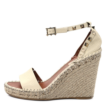 Valentino Garavani Grained Calfskin Rockstud Ankle Strap Espadrille Wedge Sandals 36 Light Ivory 1 of 10