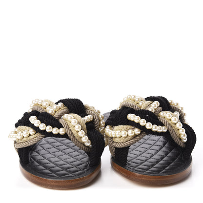 Chanel Lambskin Pearl Cord CC Mules 38 Black Beige 3 of 8