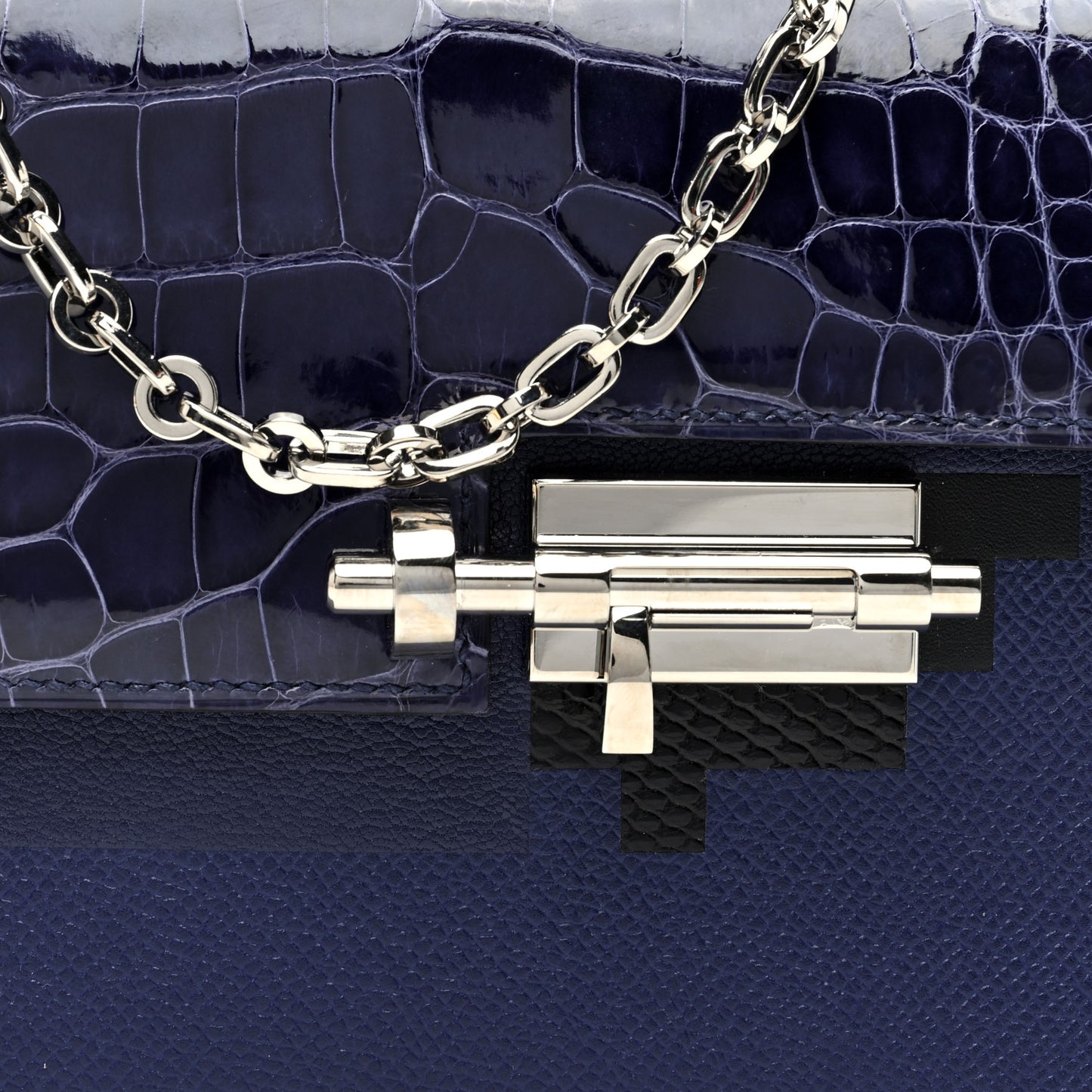 Epsom Shiny Alligator Mini Verrou Chaine Bag Bleu Encre Black