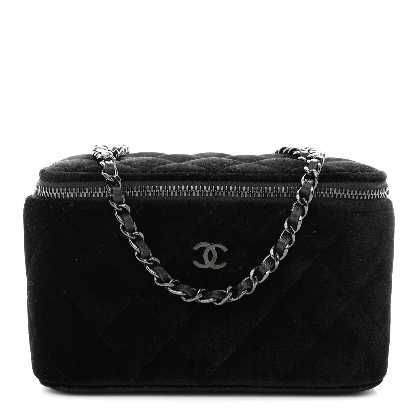 Velvet Quilted Small Vanity Case With Chain Black