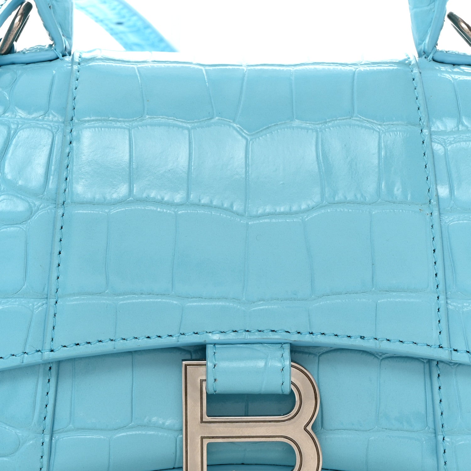 Balenciaga Shiny Calfskin Crocodile Embossed Hourglass Top Handle Bag XS Azur 8 of 10