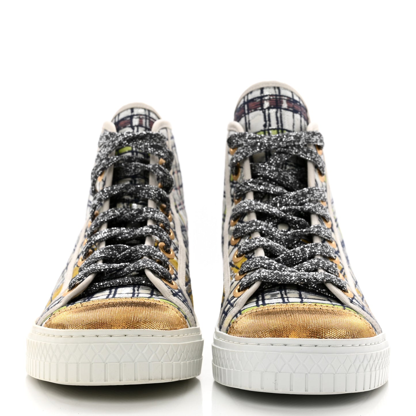 Metallic Tweed High Top Sneakers 36 Ecru Black Yellow Gold