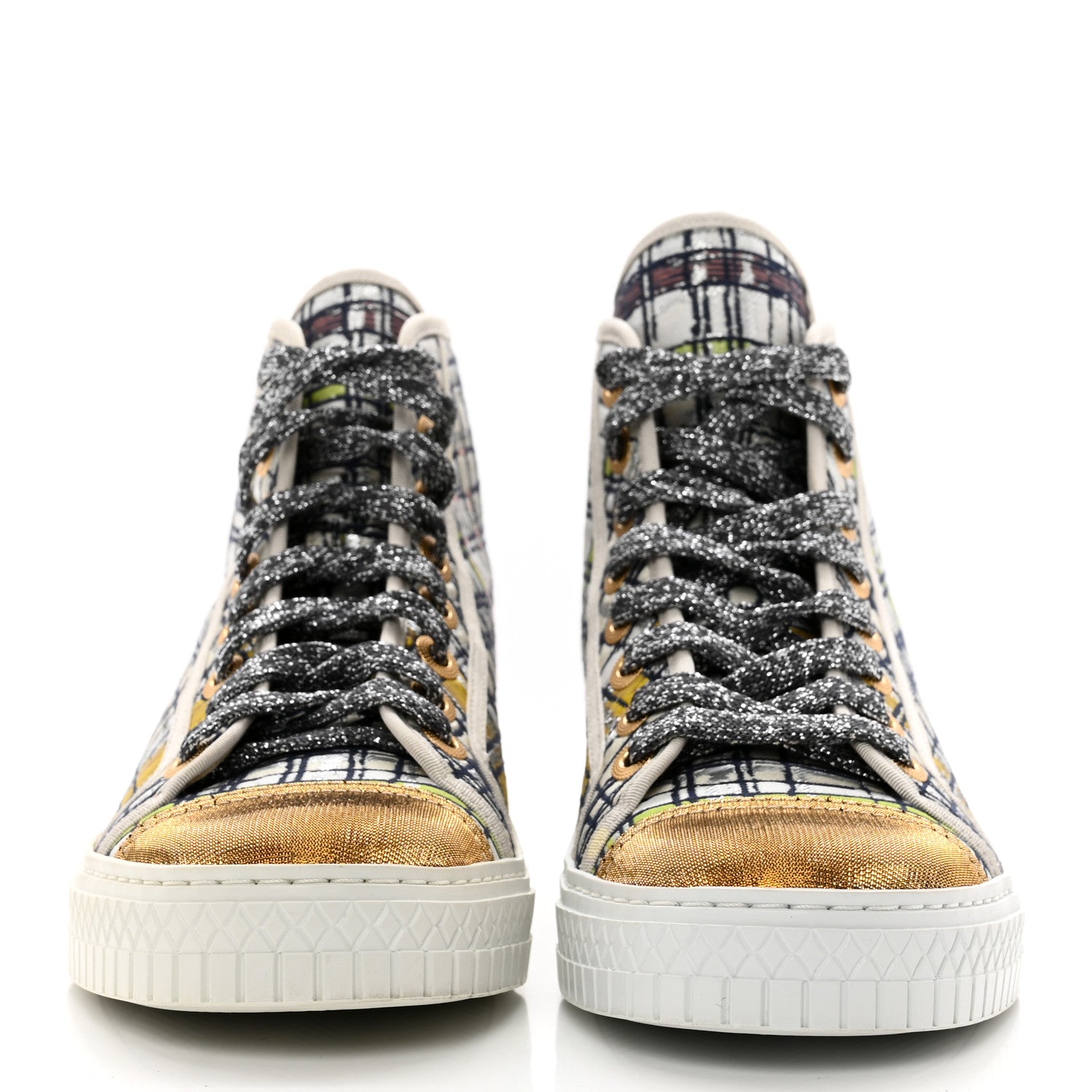 Chanel Metallic Tweed High Top Sneakers 36 Ecru Black Yellow Gold 2 of 8