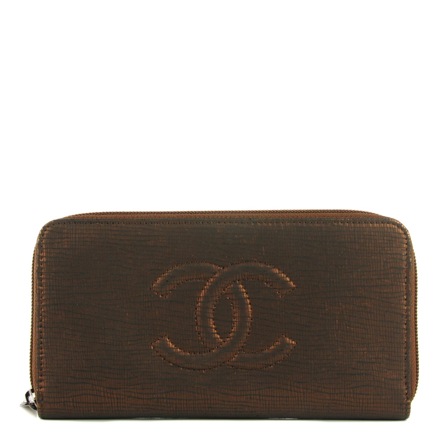 Iridescent Stamped Calfskin Large Timeless CC Gusset Zip Around Wallet Brown