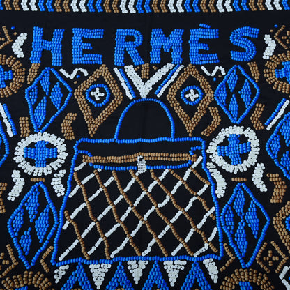 Hermes Silk Twill Kelly En Perles Giant Scarf 140 Black Bleu Marron G 2 of 6