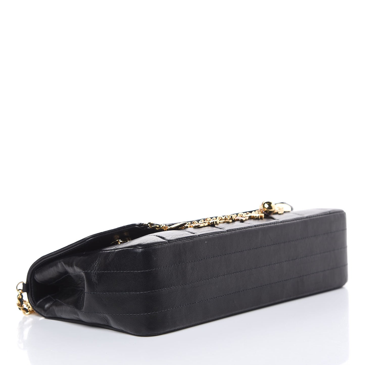 Lambskin Quilted Crystal Chocolate Bar Charm Flap Black