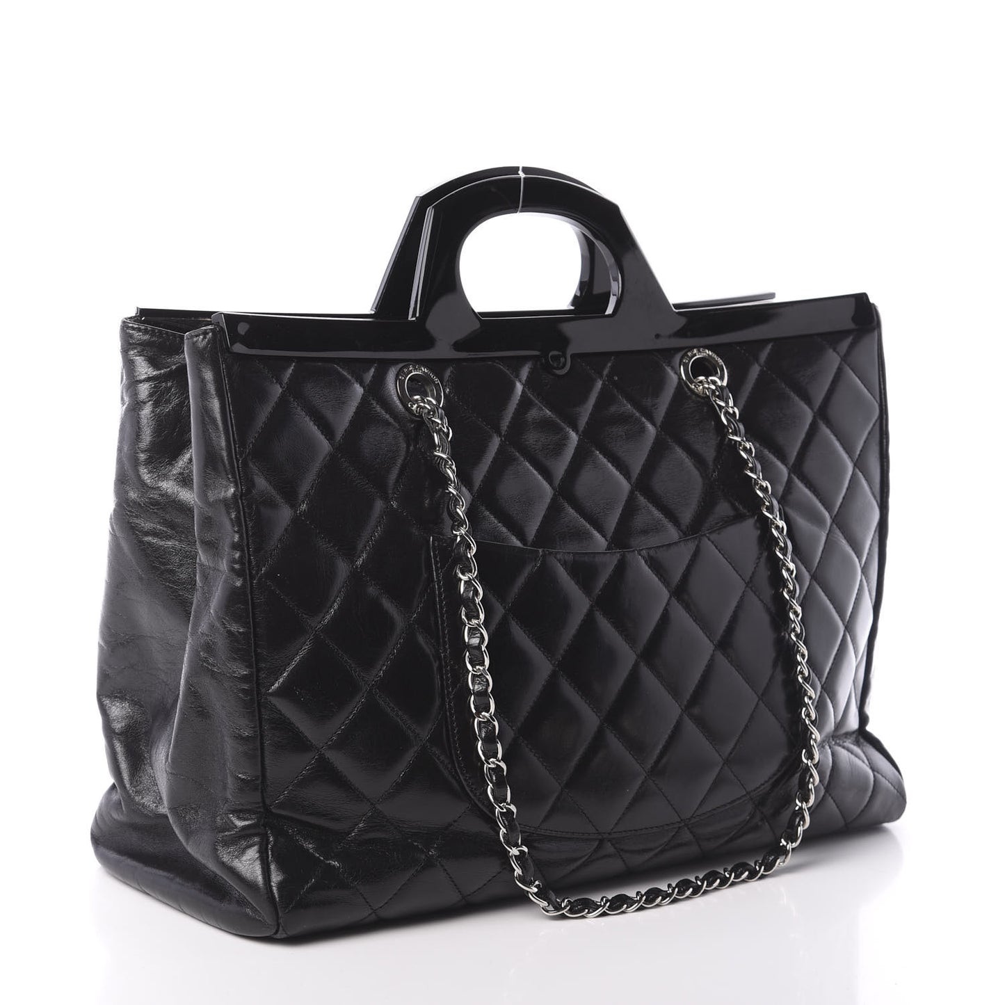 Glazed Calfskin Quilted Large CC Delivery Tote Black