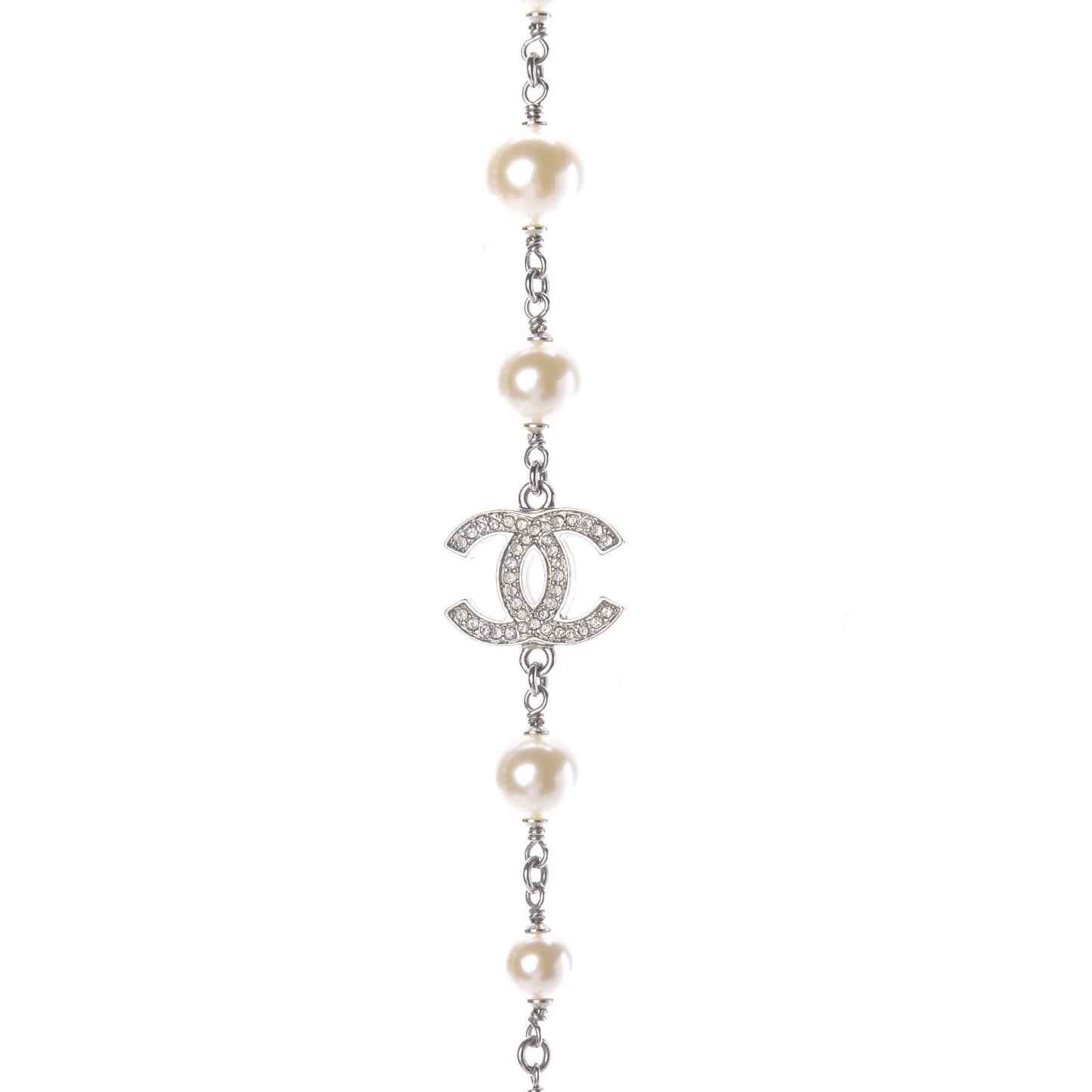 Crystal Pearl CC Long Necklace Silver