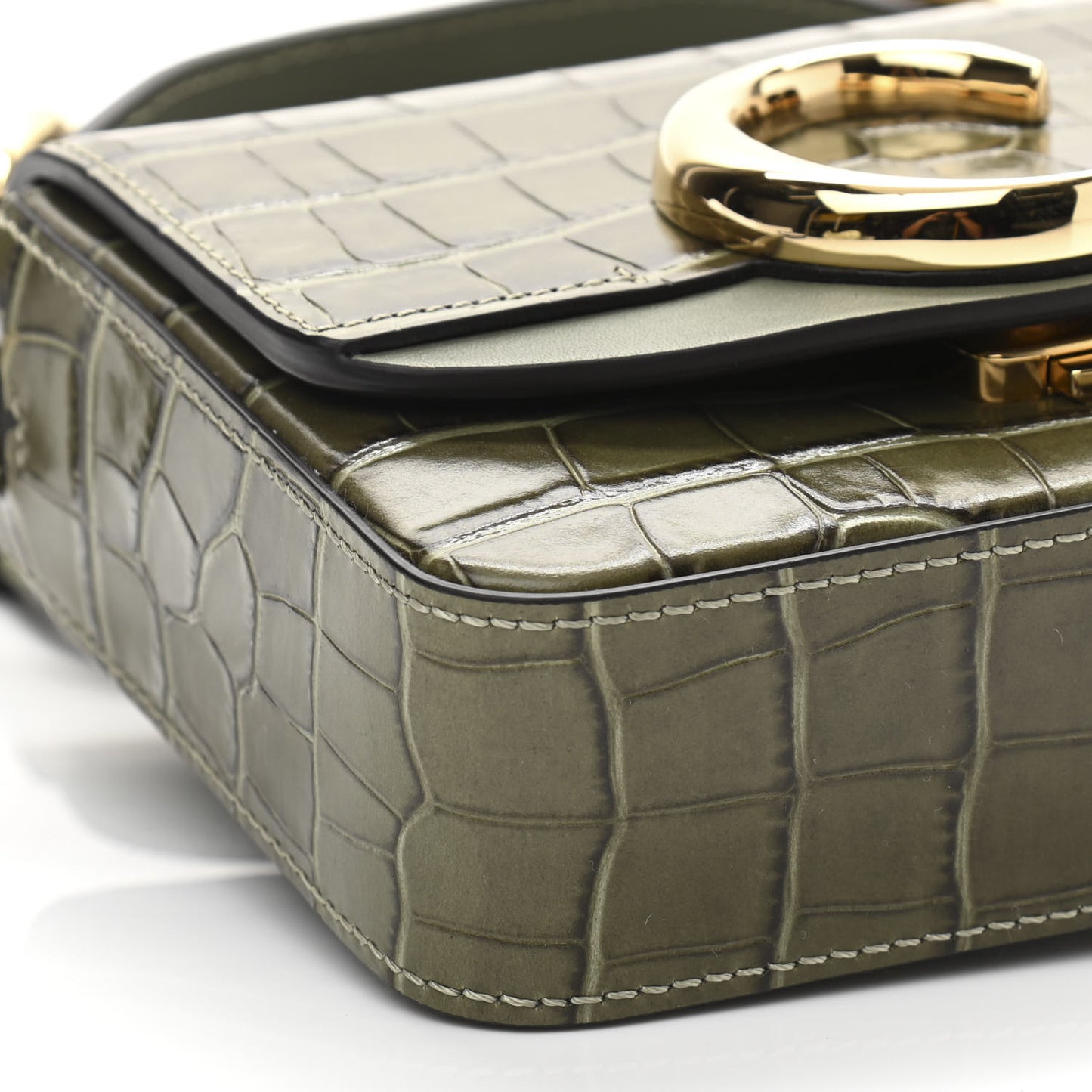 Calfskin Crocodile Embossed Mini C Double Carry Misty Forest