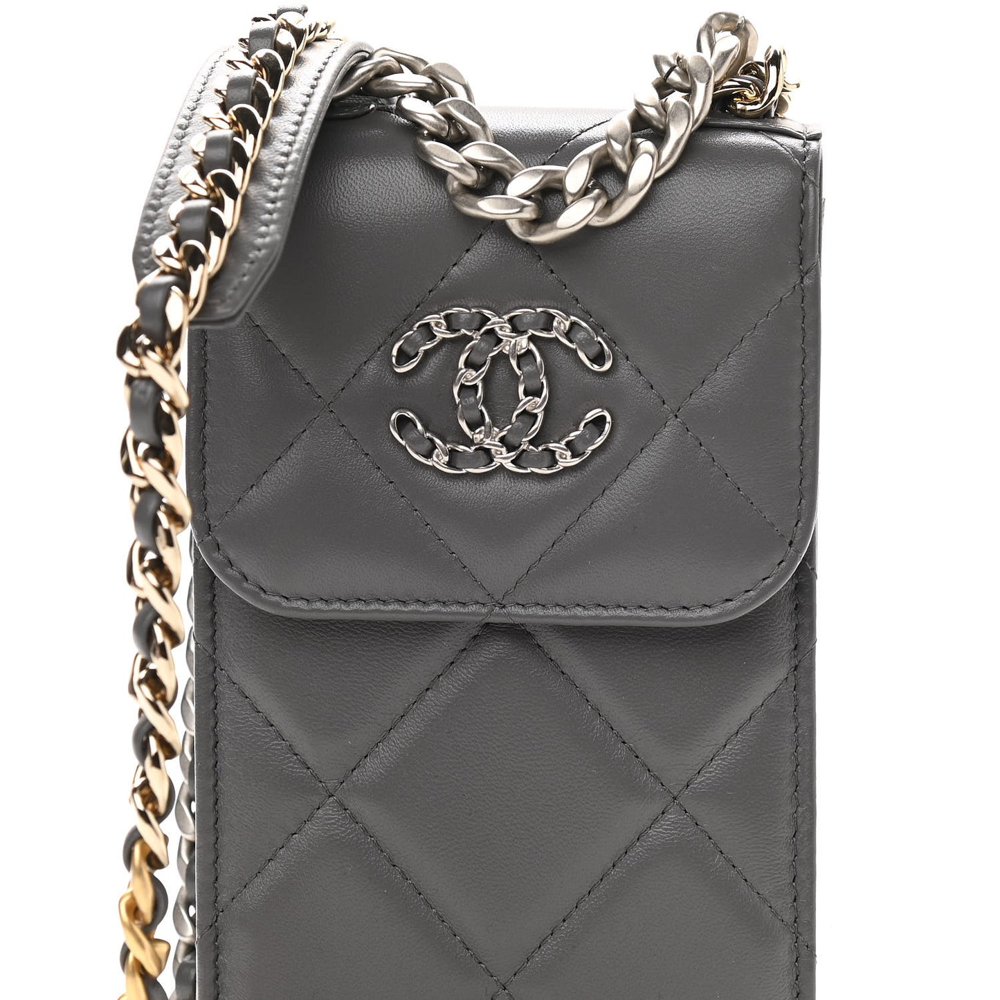 Lambskin Quilted Chanel 19 Phone Holder With Chain Grey