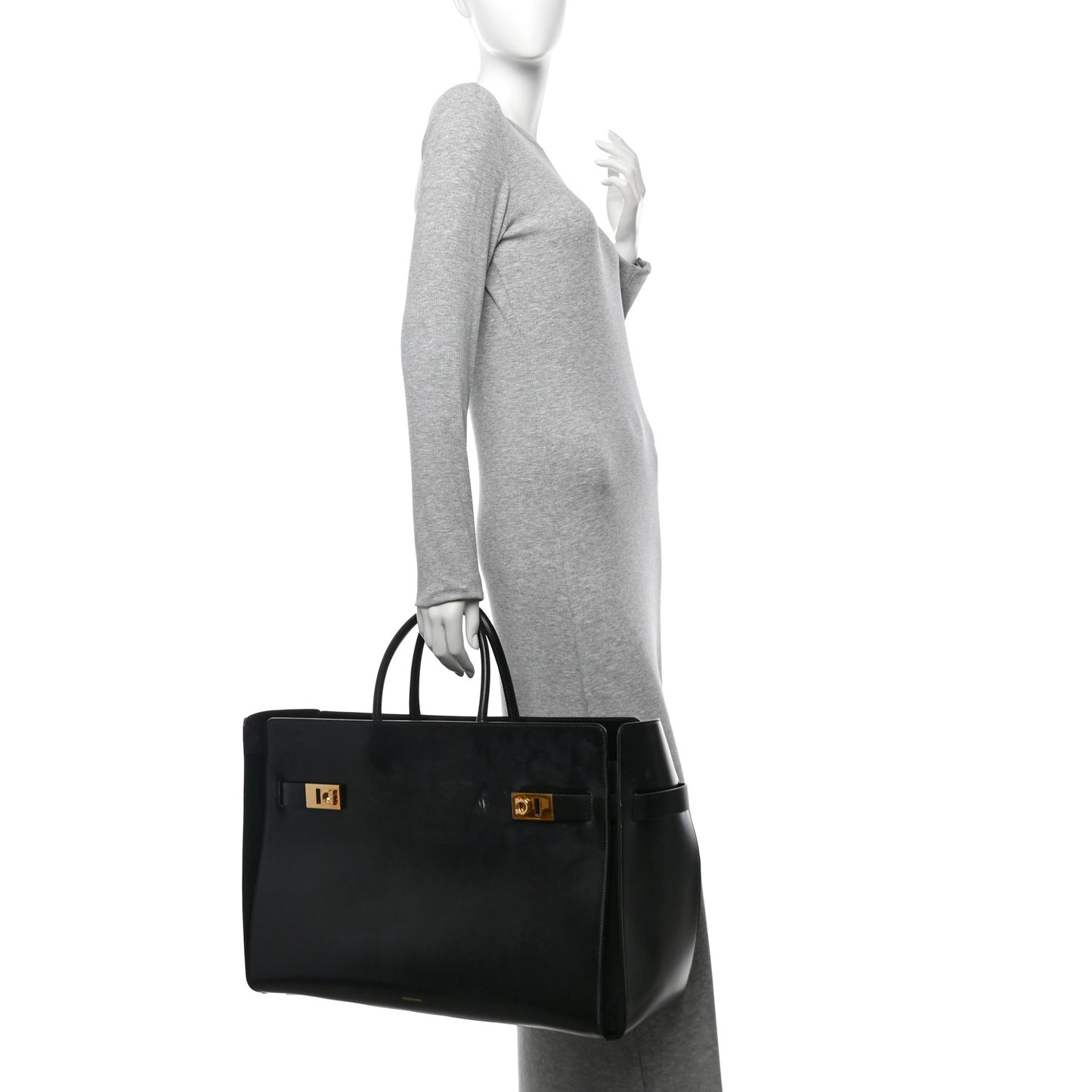Brushed Off Calfskin XL Gancini Buckles Tote Bag Black