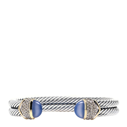 David Yurman Sterling Silver 18K Yellow Gold Diamond Blue Chalcedony Double Cable Bracelet 1 of 4
