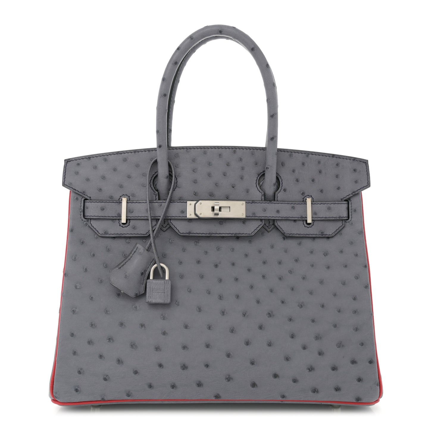 Ostrich Horseshoe Birkin 30 Gris Agate Rouge Vif