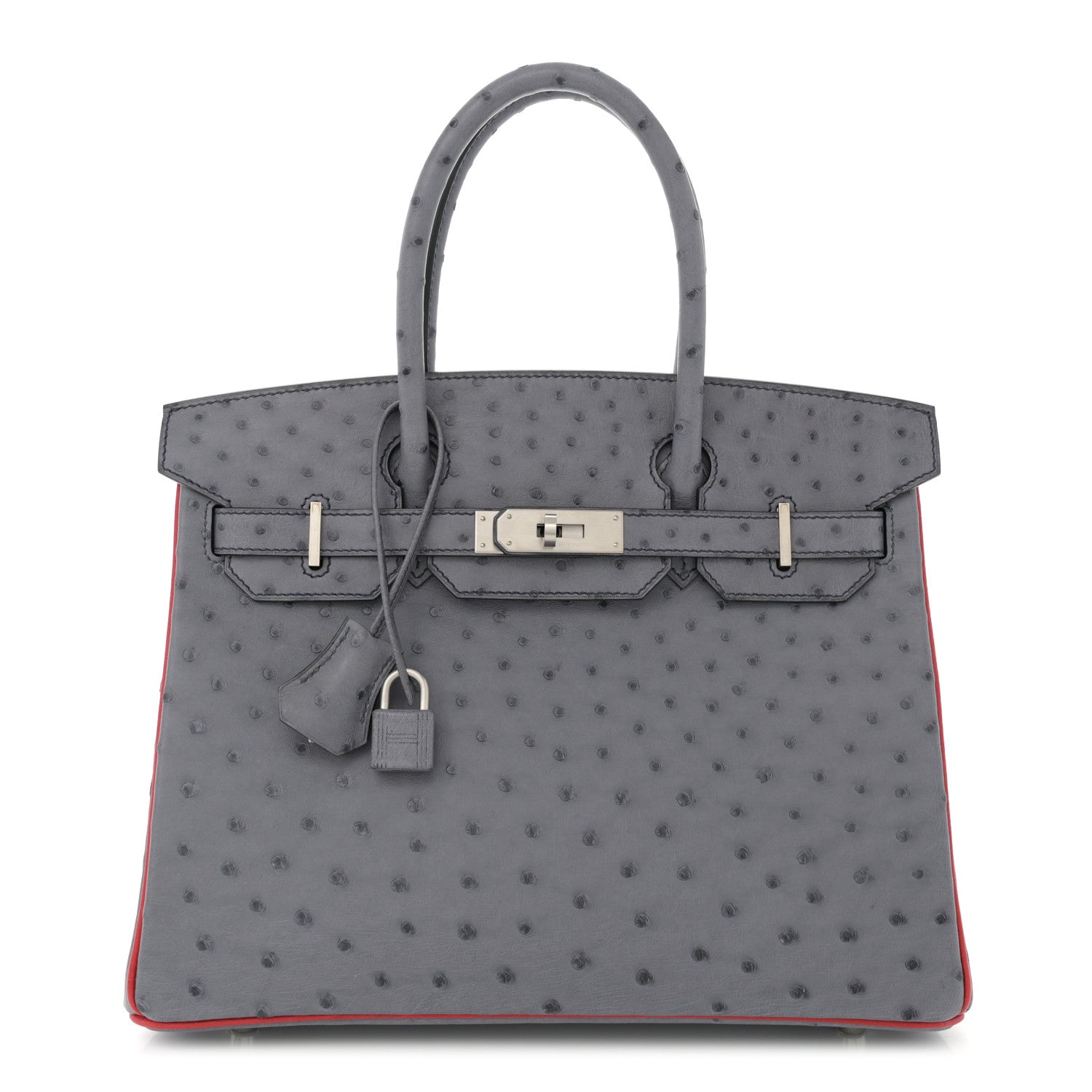 Hermes Ostrich Horseshoe Birkin 30 Gris Agate Rouge Vif 1 of 13