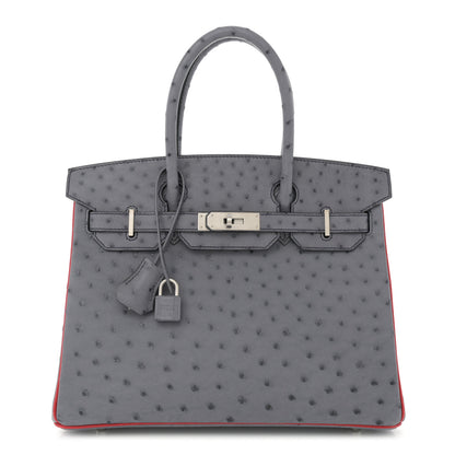Hermes Ostrich Horseshoe Birkin 30 Gris Agate Rouge Vif 1 of 13